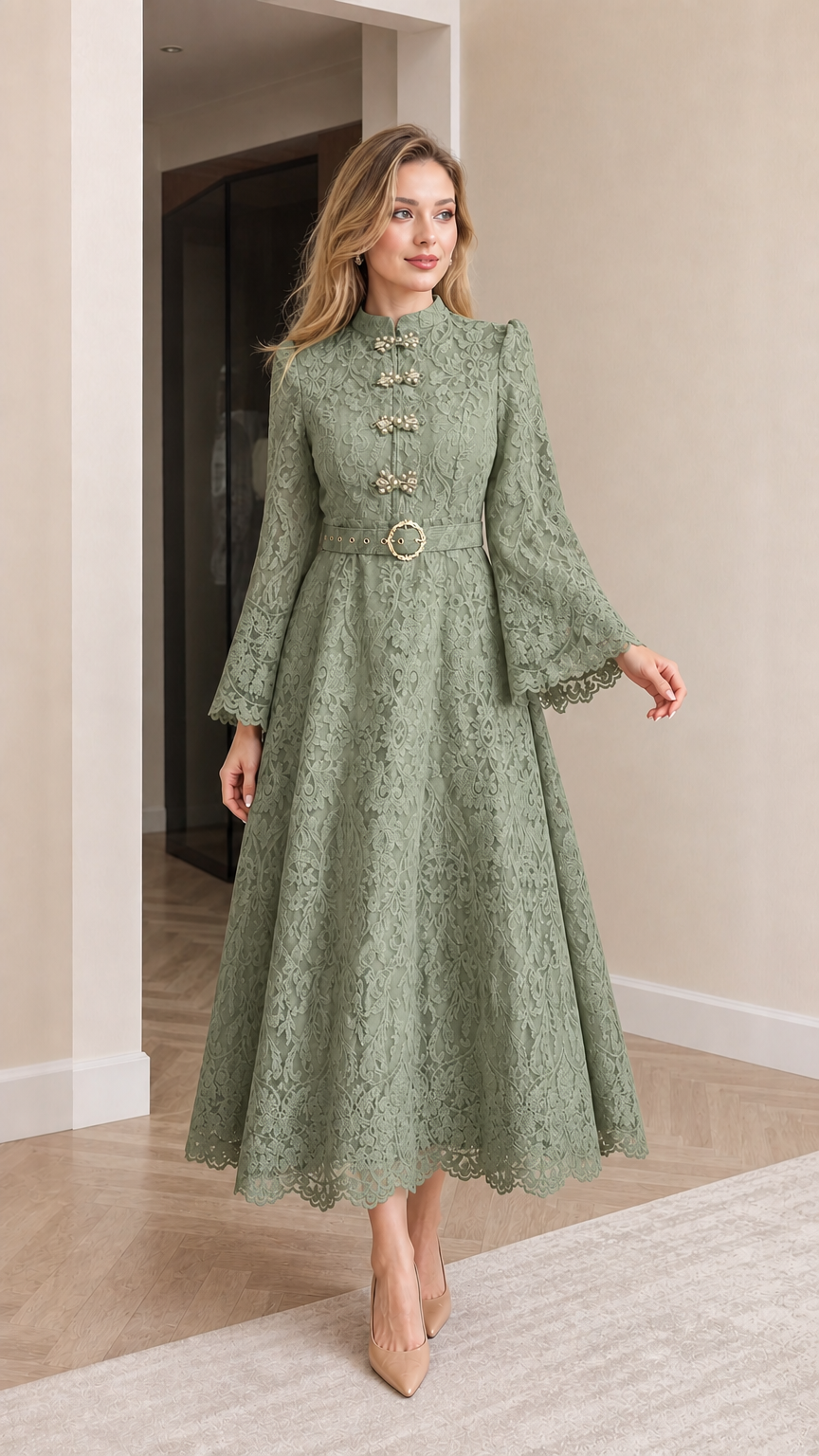Front full view of sage green floral lace mandarin collar maxi dress with belt