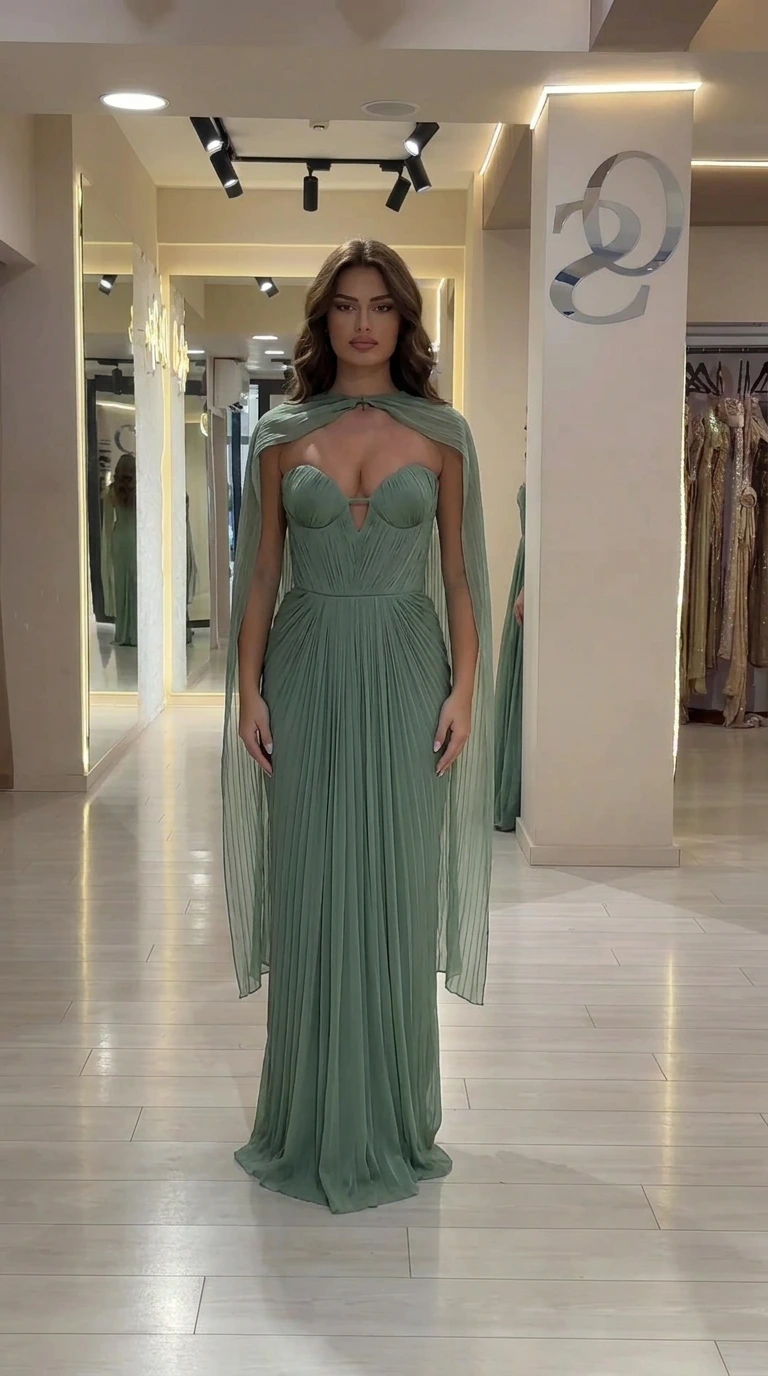 Sage Green Chiffon Pleated Evening Gown with Capelet
