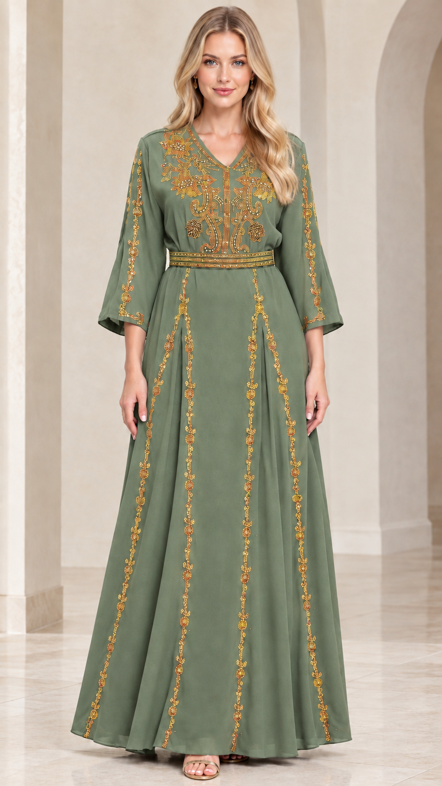 Sage green embroidered V-neck maxi dress with gold details