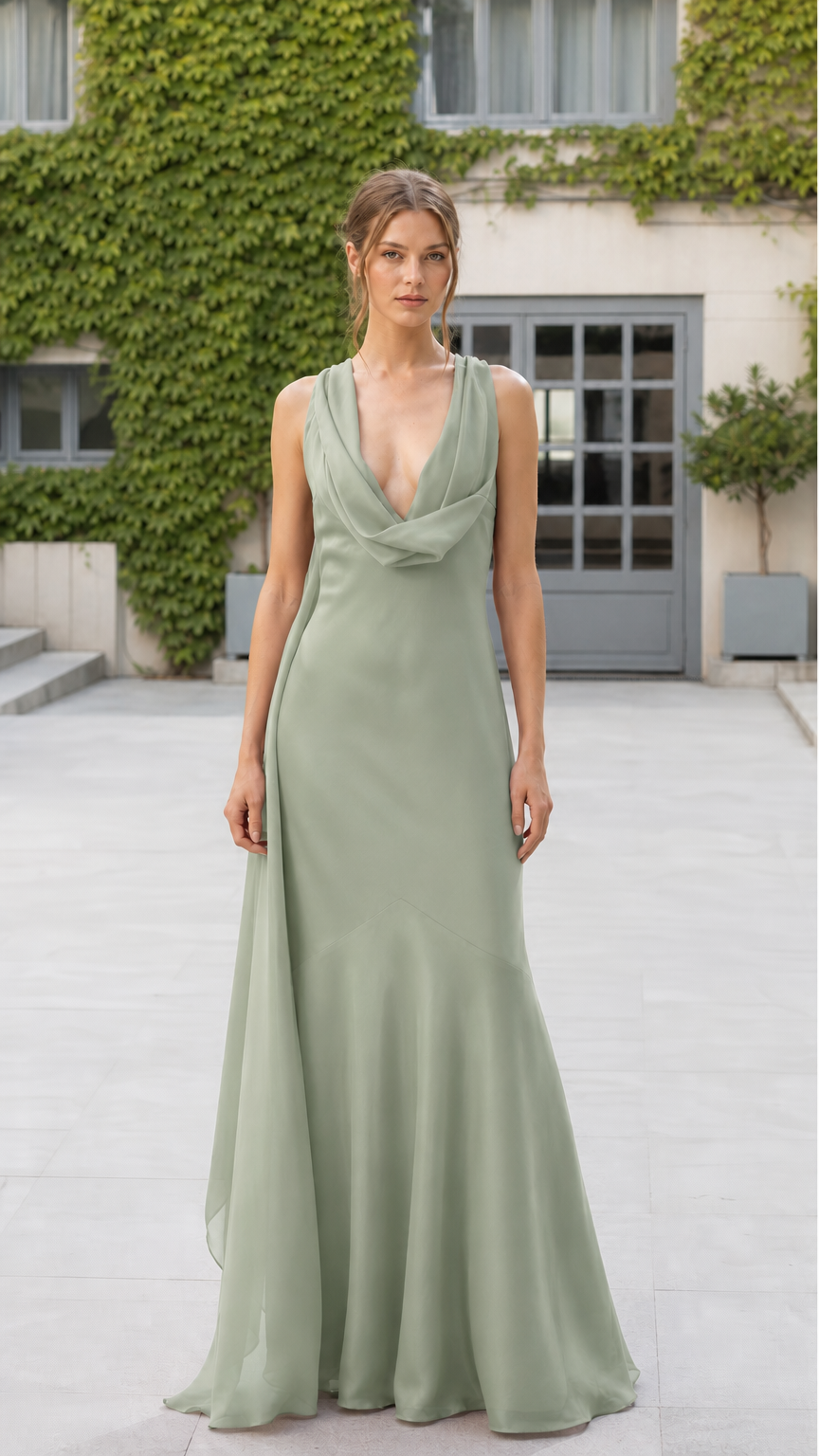 Model wearing sage green evening dress