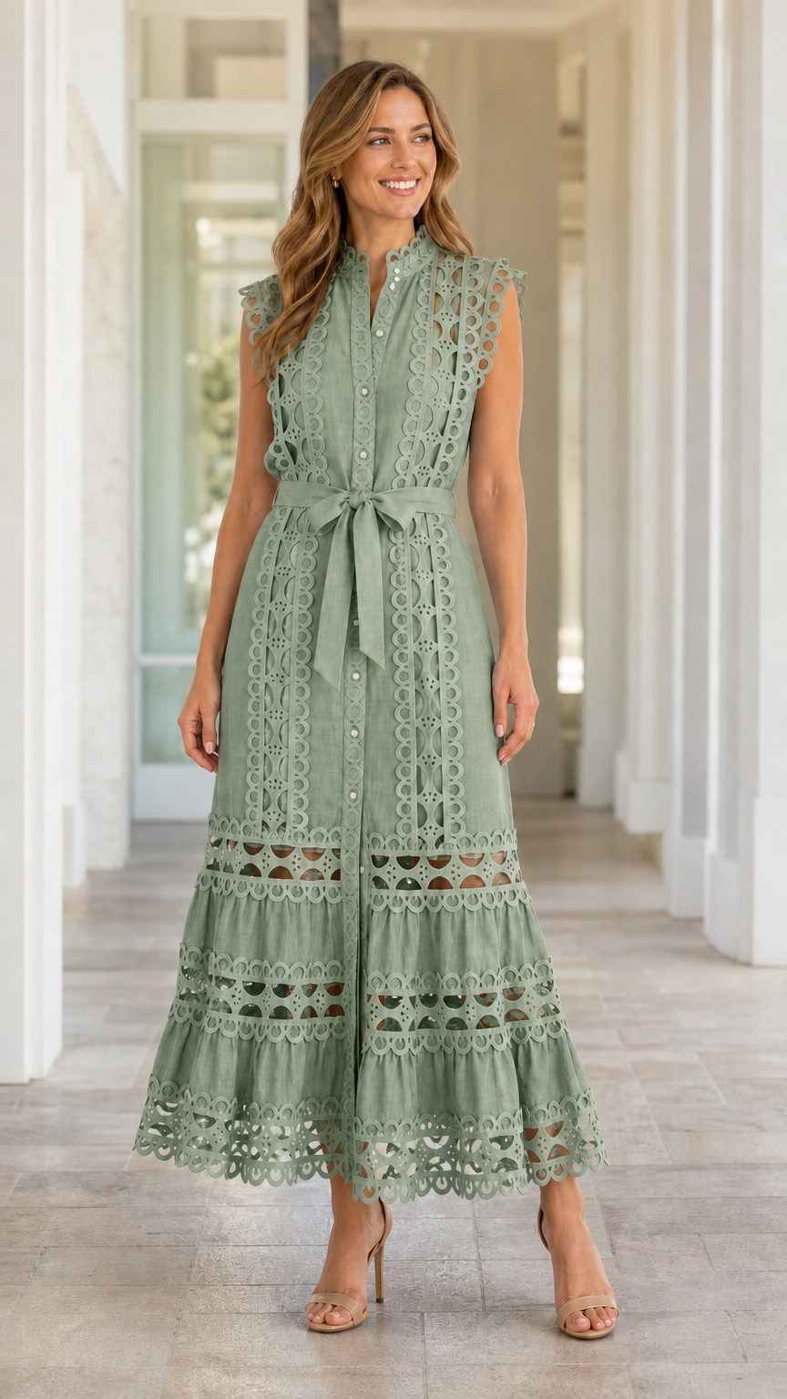 Full length view of model wearing Sage Green eyelet lace midi dress