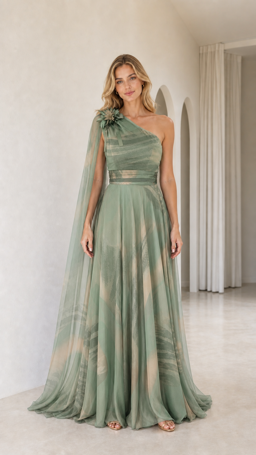 Full front view of sage green abstract print one-shoulder evening gown with cape