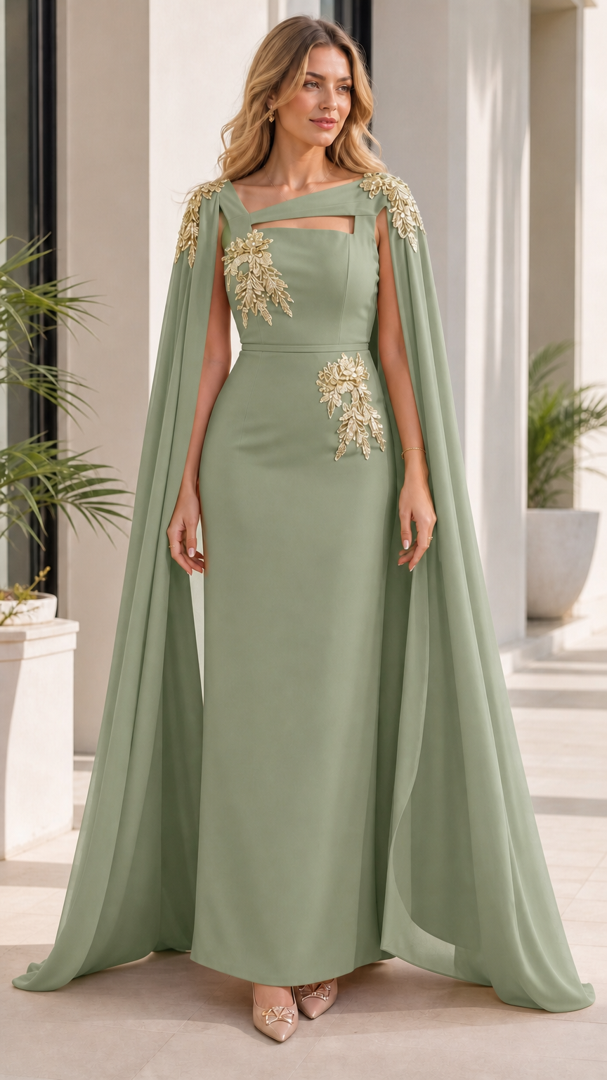 Woman wearing sage green evening dress with attached cape