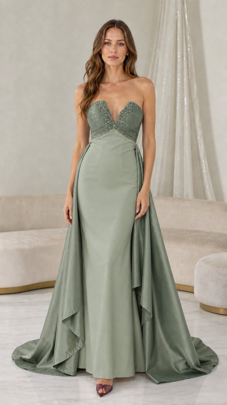 Full length view of sage green color variant evening dress
