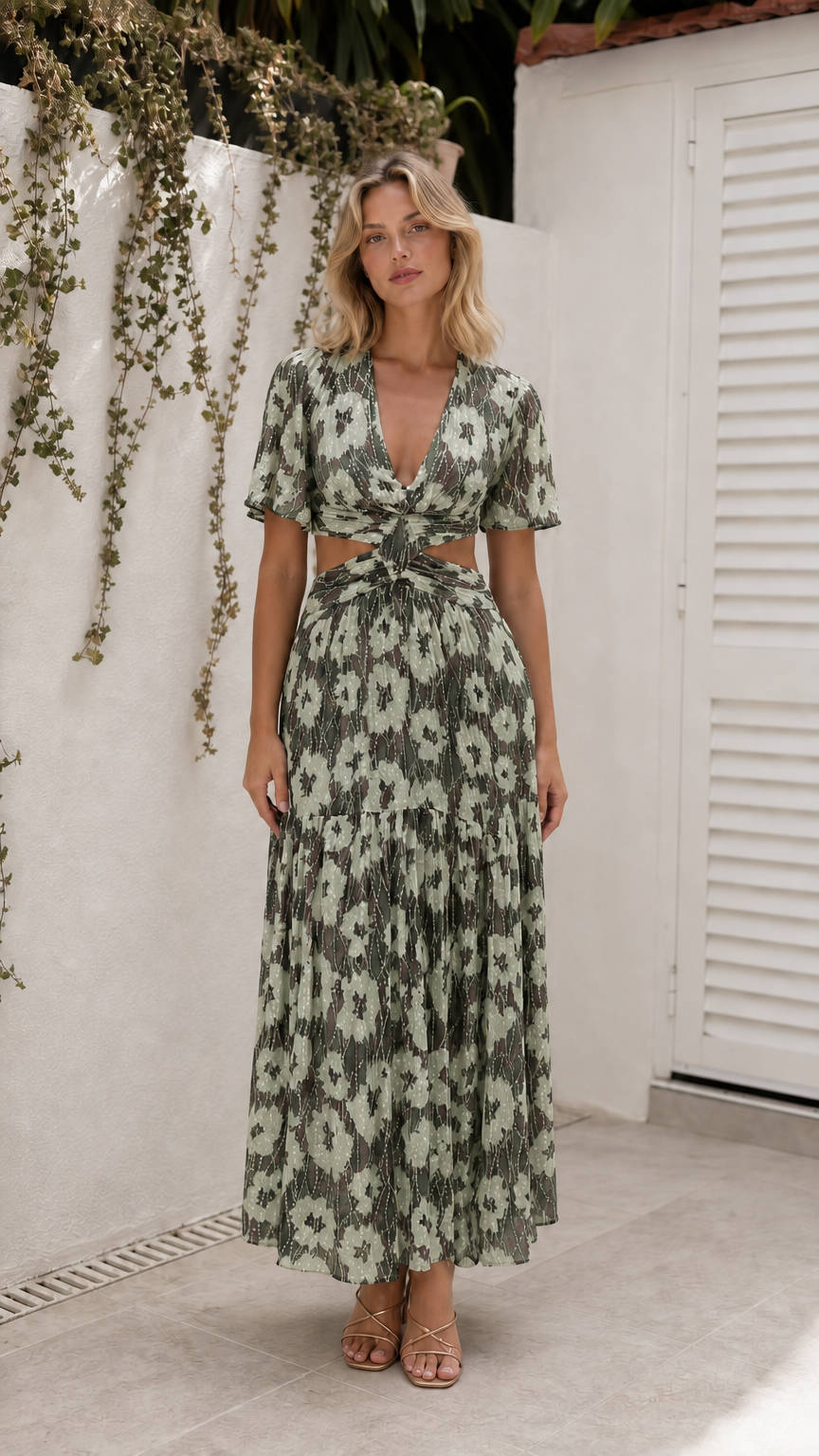 Model wearing sage green floral cutout maxi dress