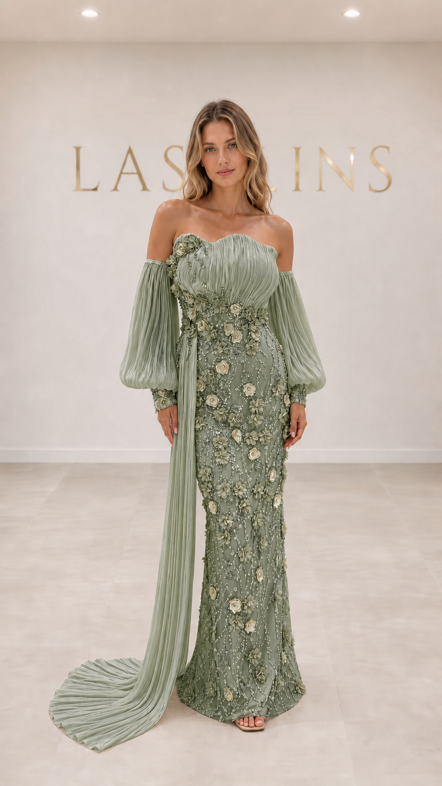 Sage green beaded 3D floral off-the-shoulder maxi gown with pleated side drape