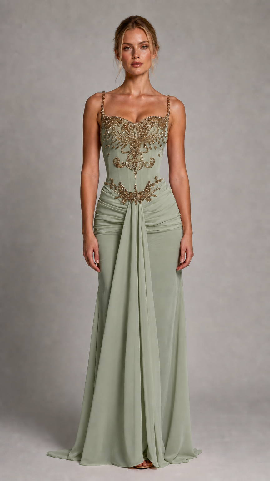 Front view of sage evening gown variant