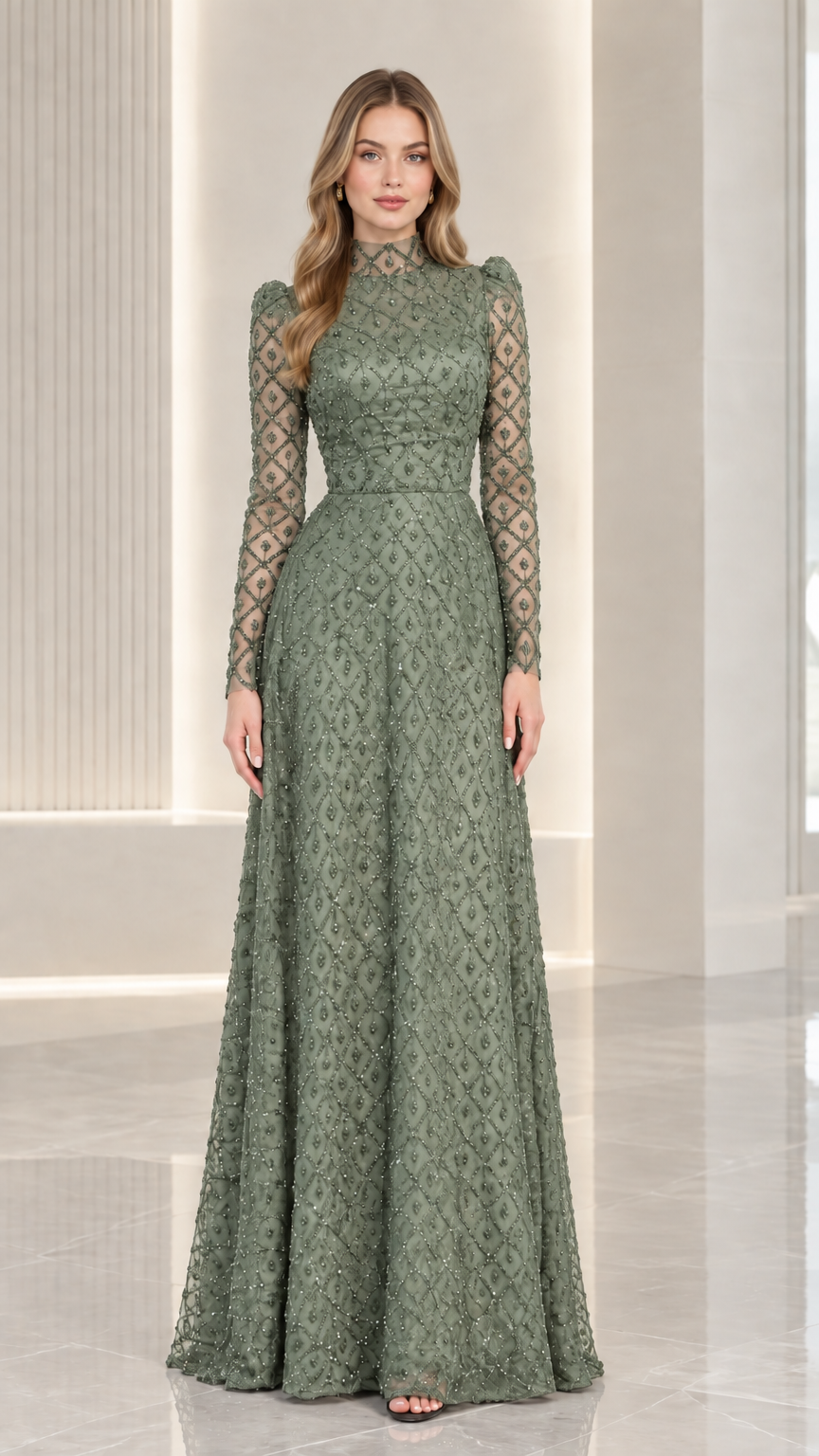 Front view of model wearing sage green high neck beaded long sleeve formal dress