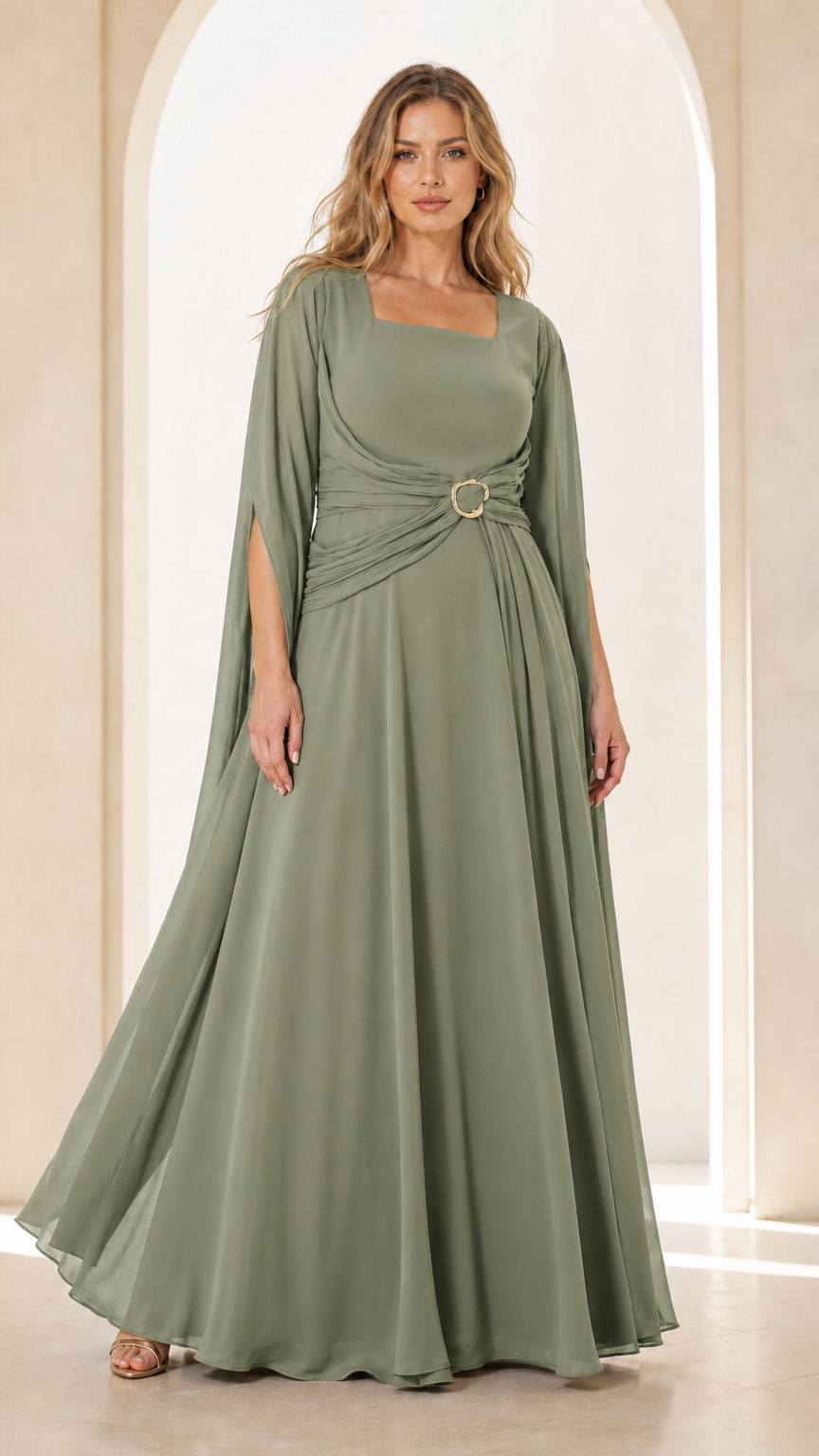 Front view of Sage Green square neck formal maxi gown with cape sleeves