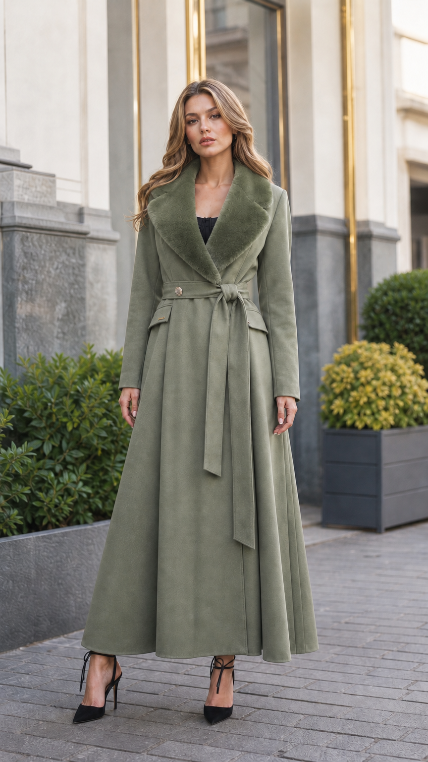 Model wearing sage green flared maxi coat with coordinated faux fur lapel