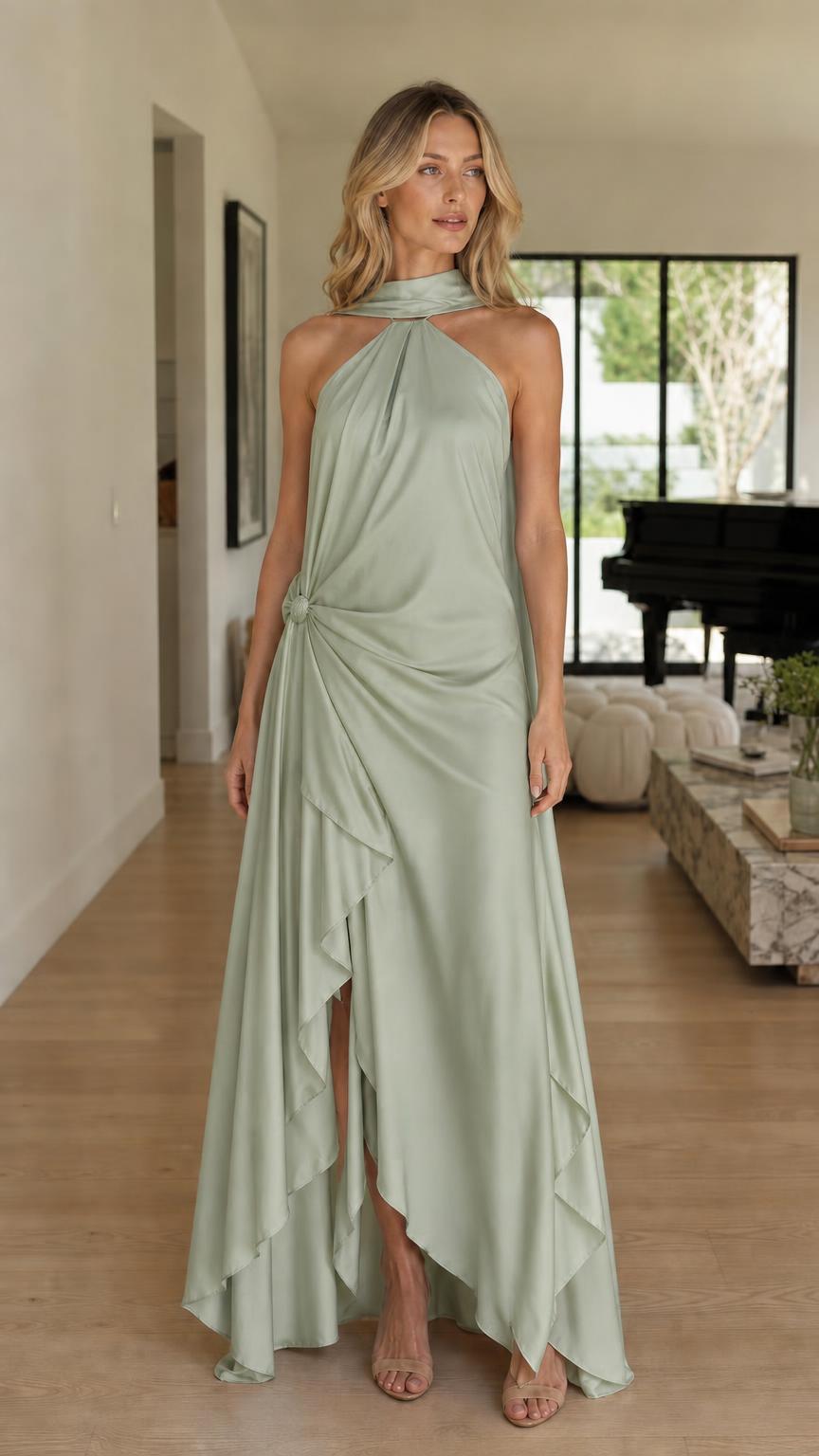 Model wearing sage green halter maxi dress