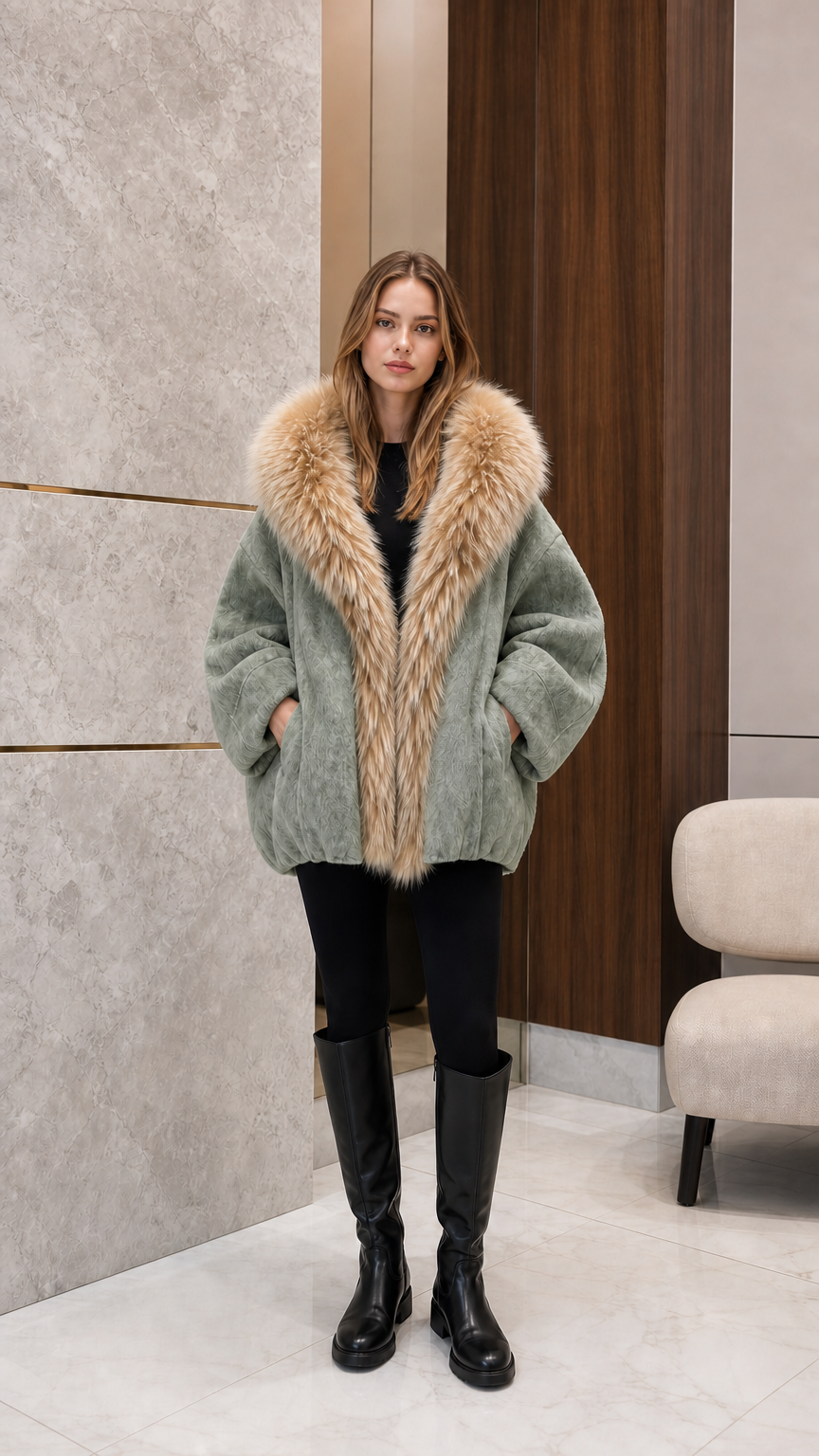 Front view of woman wearing sage green plush faux fur trim winter coat