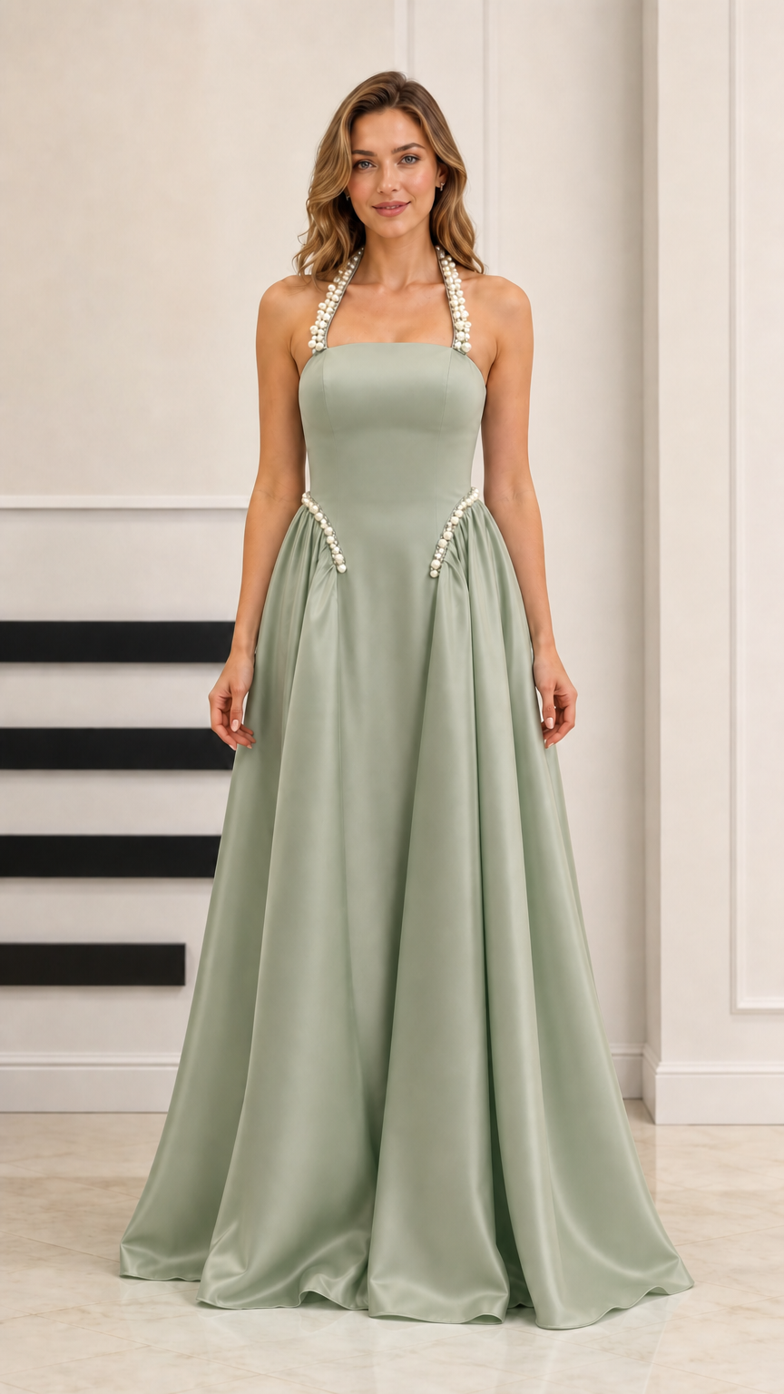 Sage green satin A-line gown with pearl halter neckline
