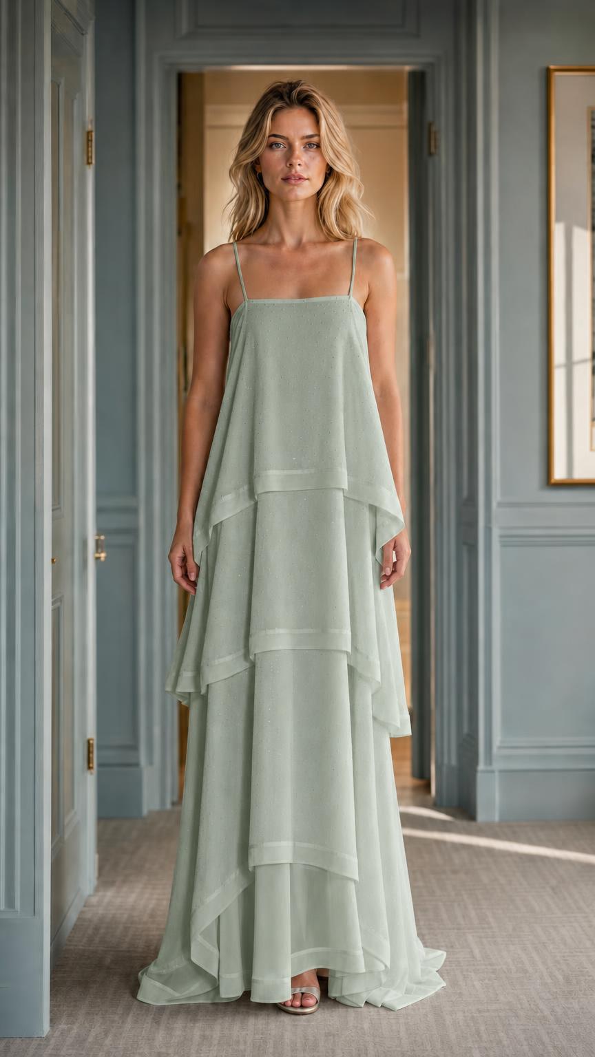 Front view of woman wearing sage green tiered maxi dress