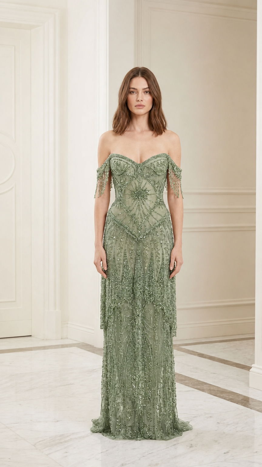 Model wearing sage green beaded evening gown, front view