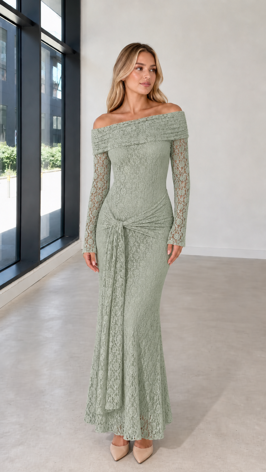 Full front view of model in sage green lace evening dress