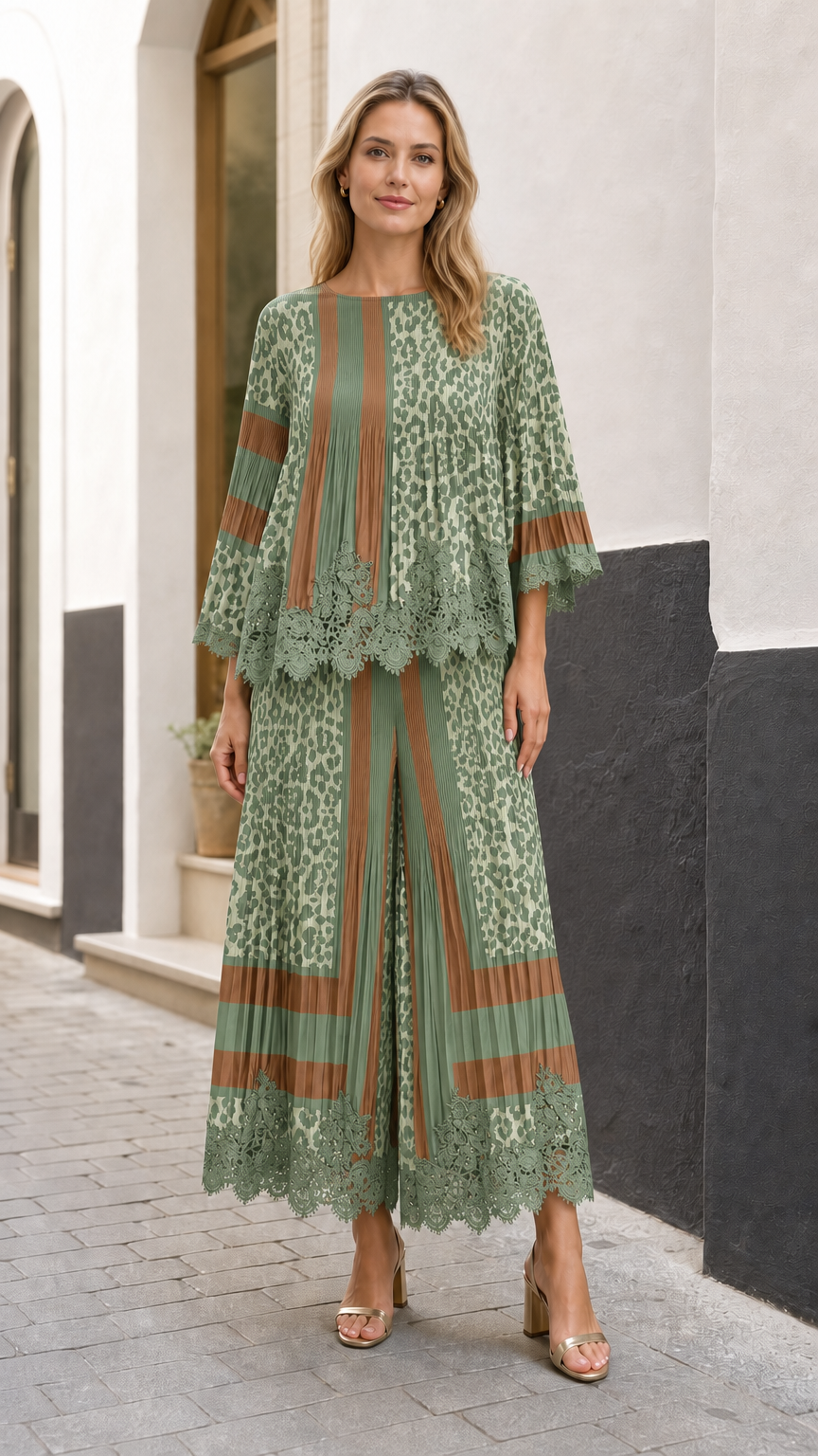 Full front view of model wearing the sage green and brown pleated leopard two-piece set