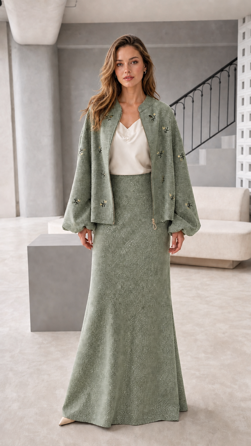 Women's embroidered jacket and maxi skirt set in sage green