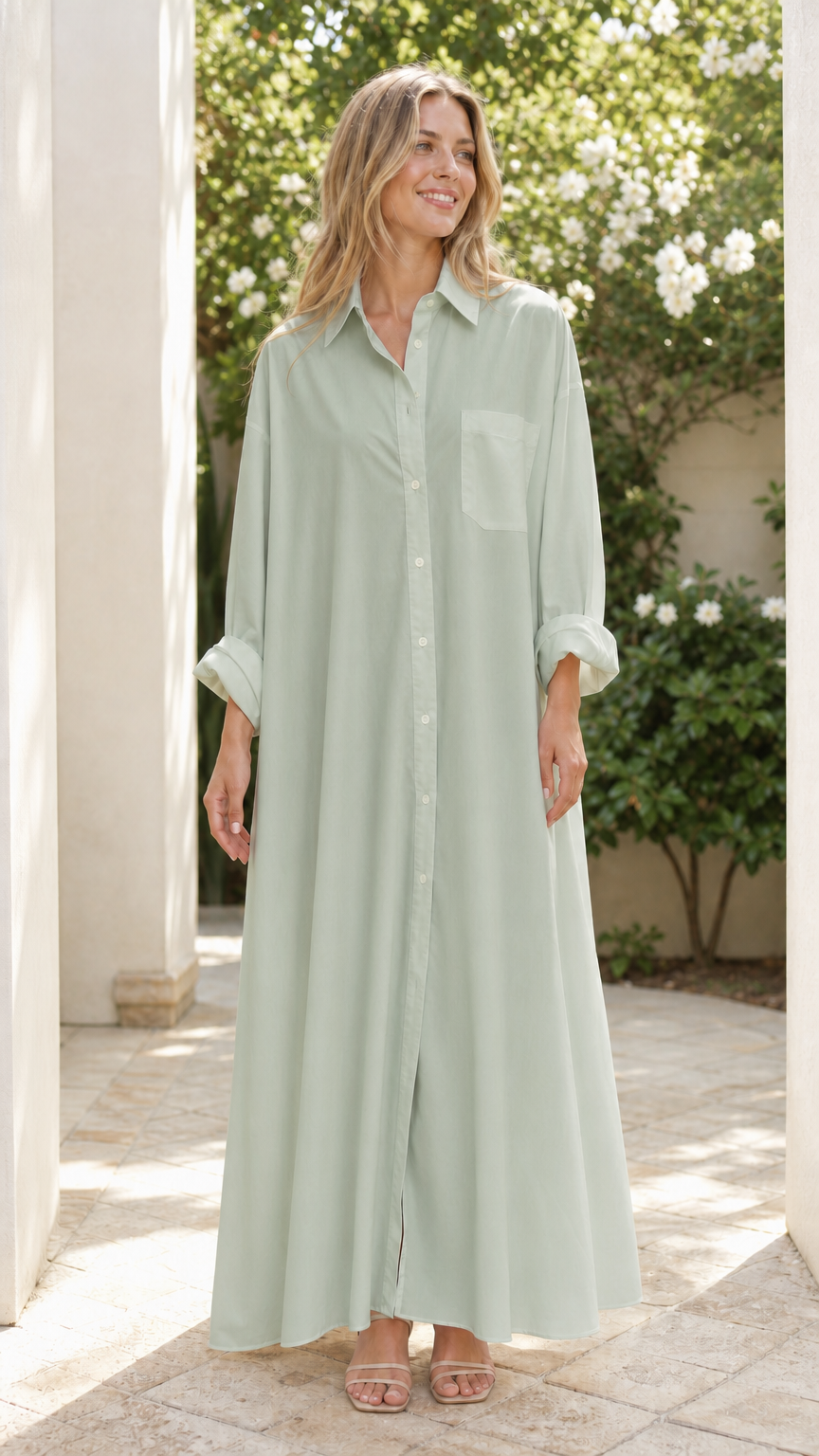 Woman wearing sage green oversized collared maxi shirt dress