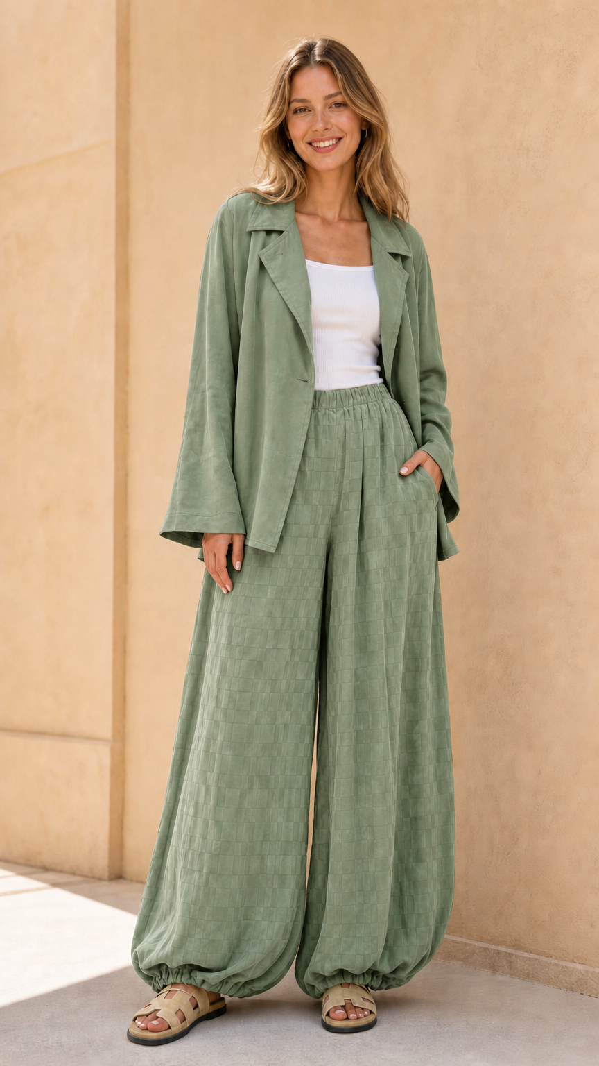 Model wearing sage green matching blazer and pant set