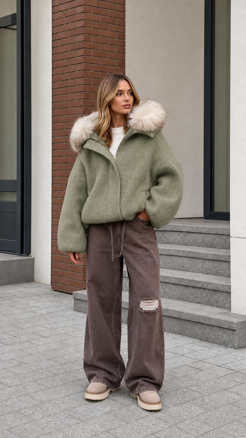 Model wearing sage green hooded ribbed bomber jacket with cozy fur trim