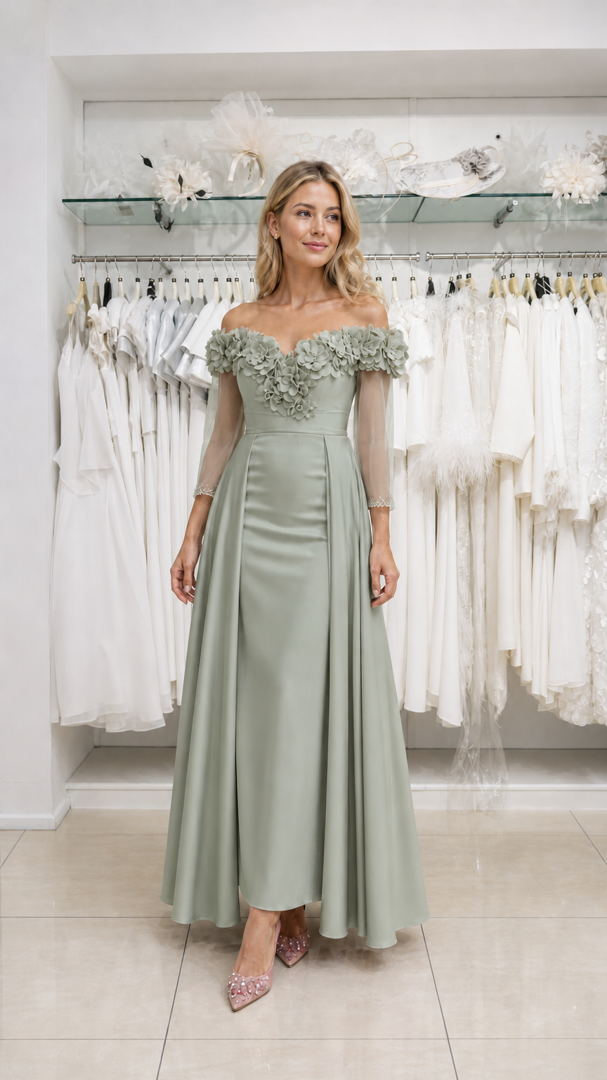 Model wearing sage green evening dress
