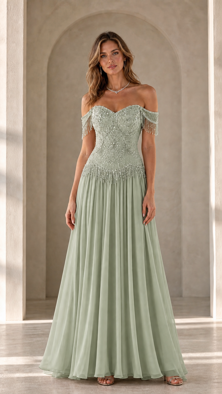 Model wearing sage green variant of the off-the-shoulder beaded evening gown