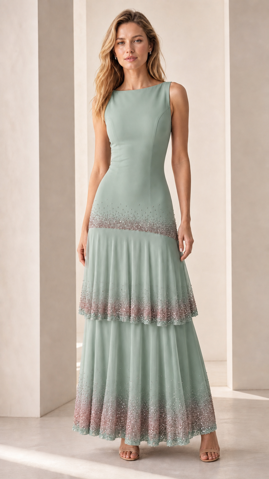 Full-length view of model in sage green sequin-trimmed tiered maxi dress