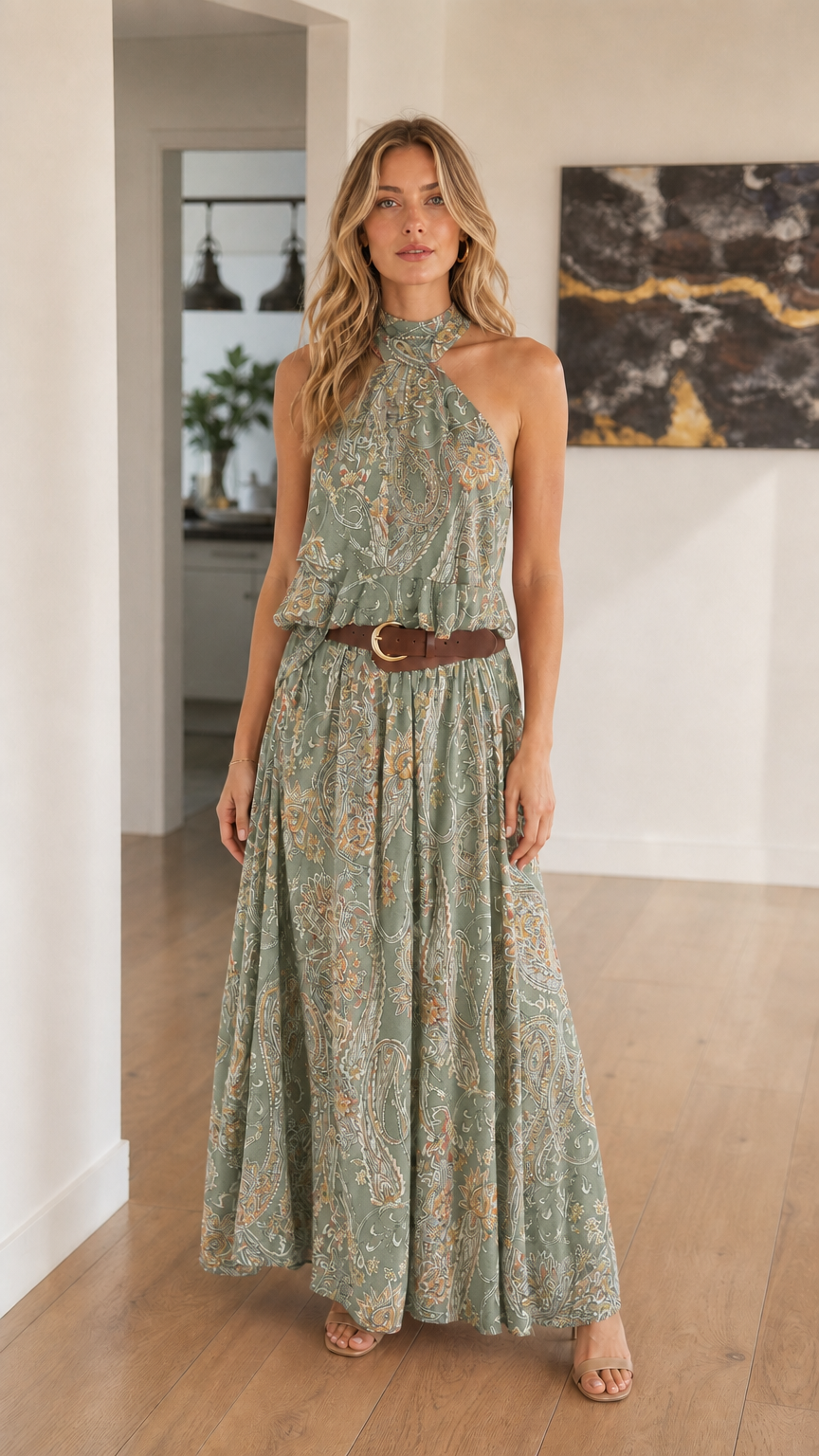 Woman wearing Sage Green Bohemian Paisley Halter Maxi Dress