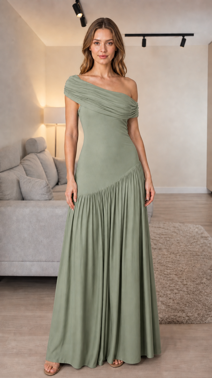 Front view of sage green one-shoulder pleated maxi dress