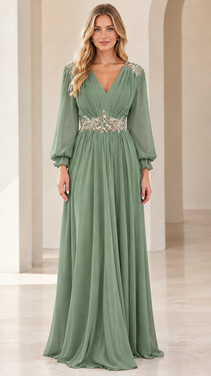 Front view of woman wearing sage green pleated chiffon formal maxi dress with beadwork