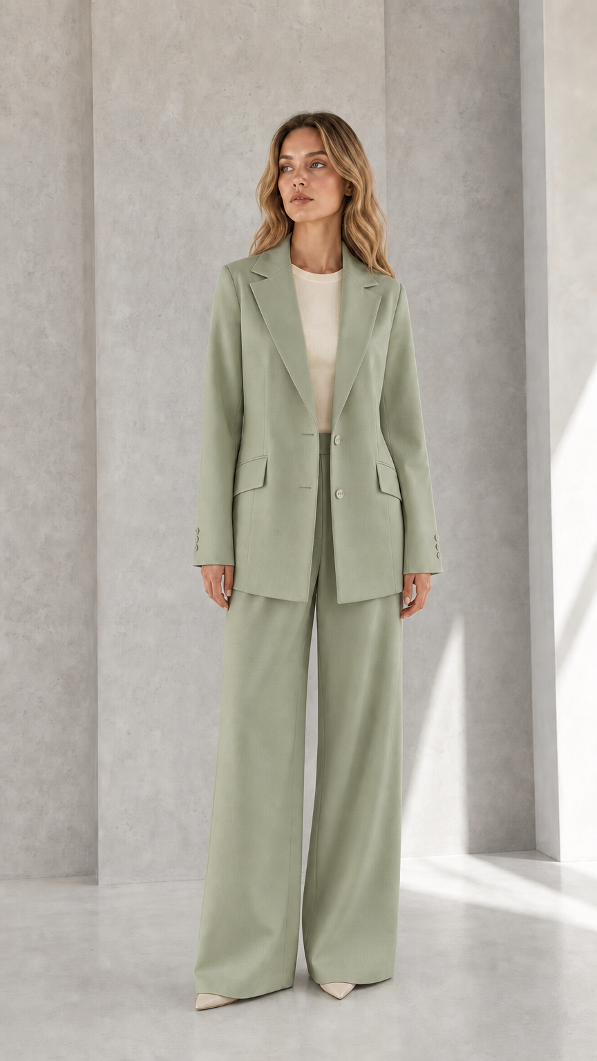 Woman wearing sage green tailored blazer and flowing wide-leg pants set