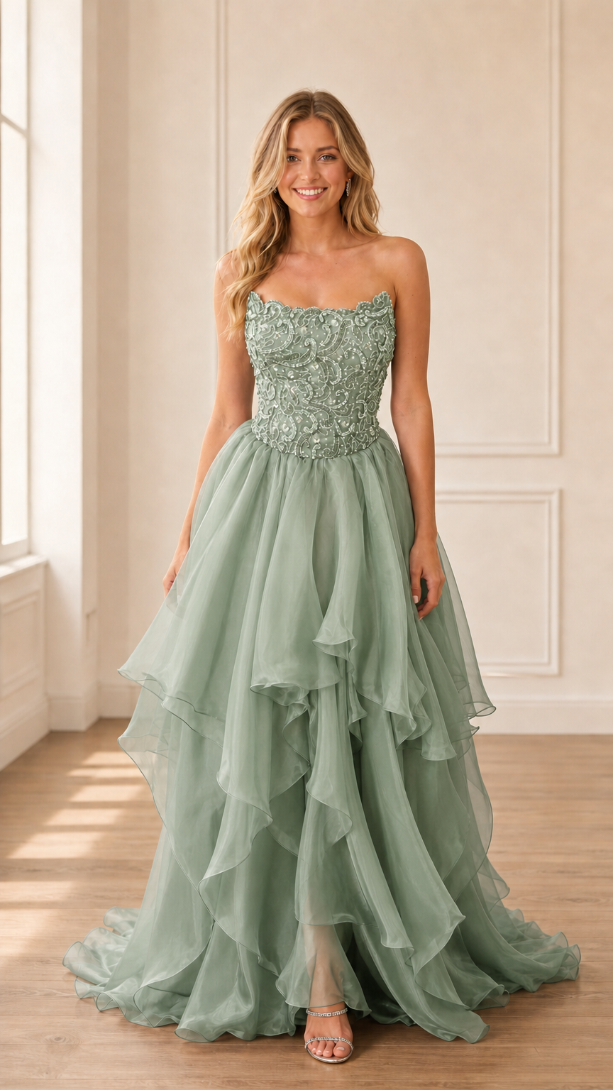 Model wearing sage green strapless beaded tiered gown