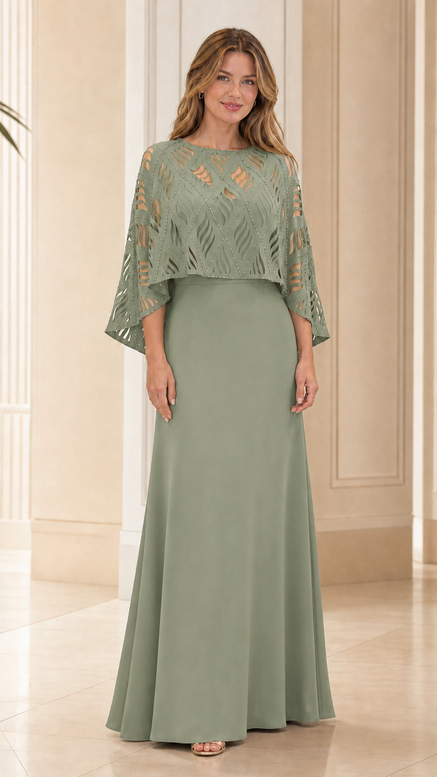 Front view of the sage green evening dress variant