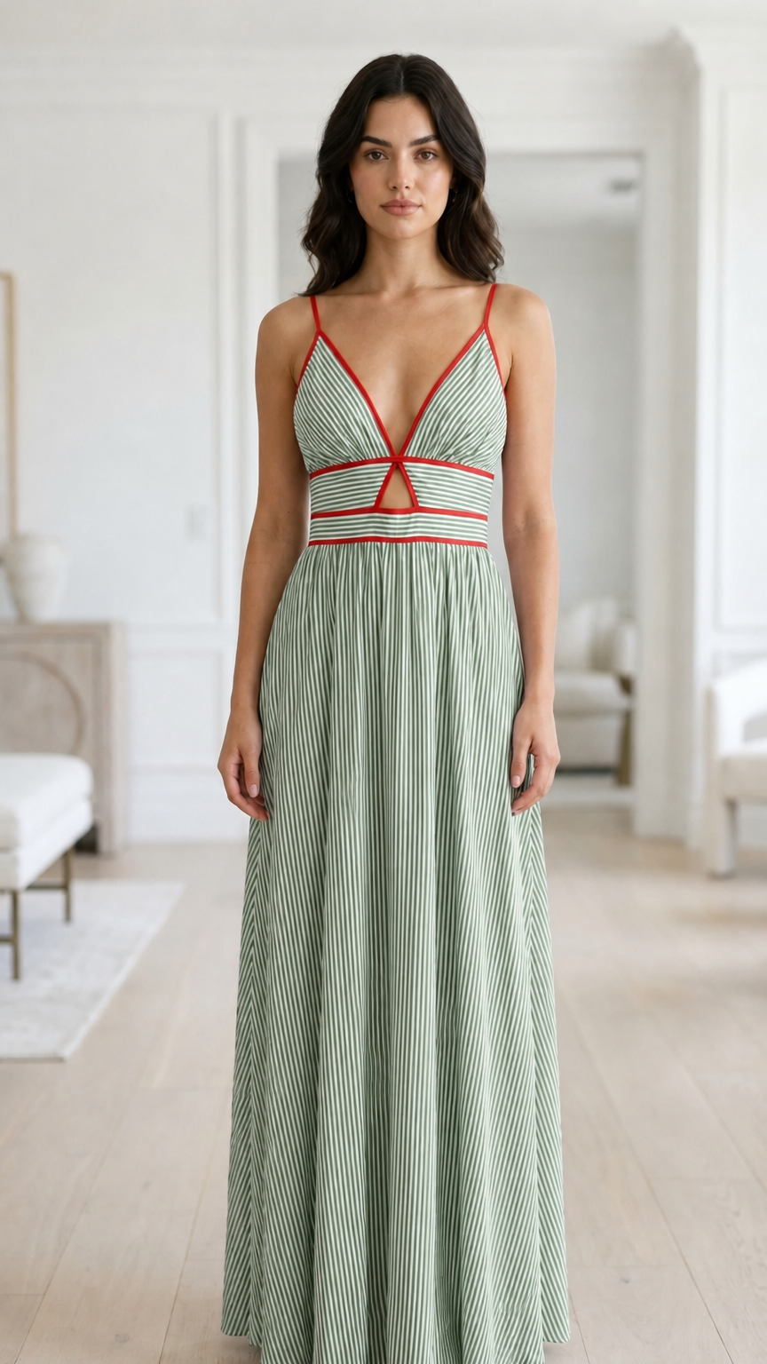 Front view of sage green striped maxi dress variant