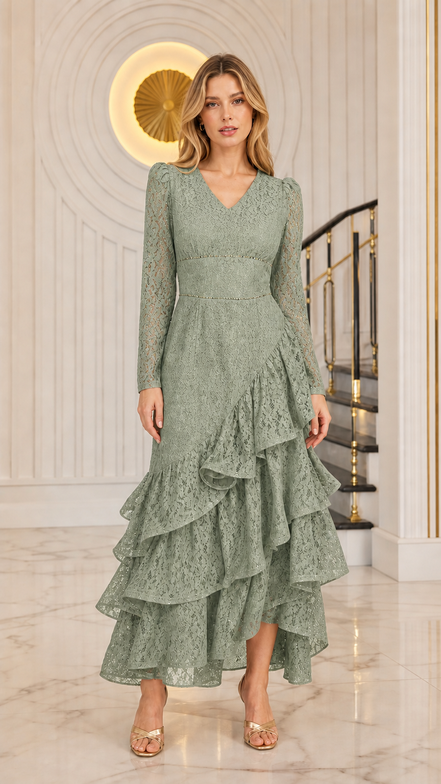 Model wearing the long sleeve tiered ruffle lace evening dress in sage green