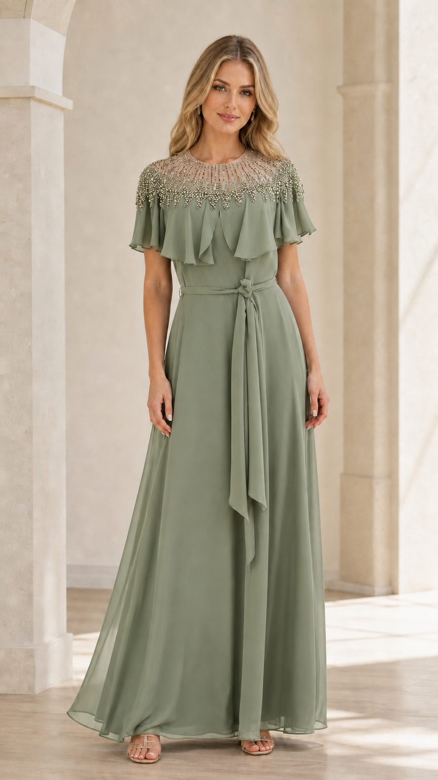 Front view of sage green beaded capelet maxi dress