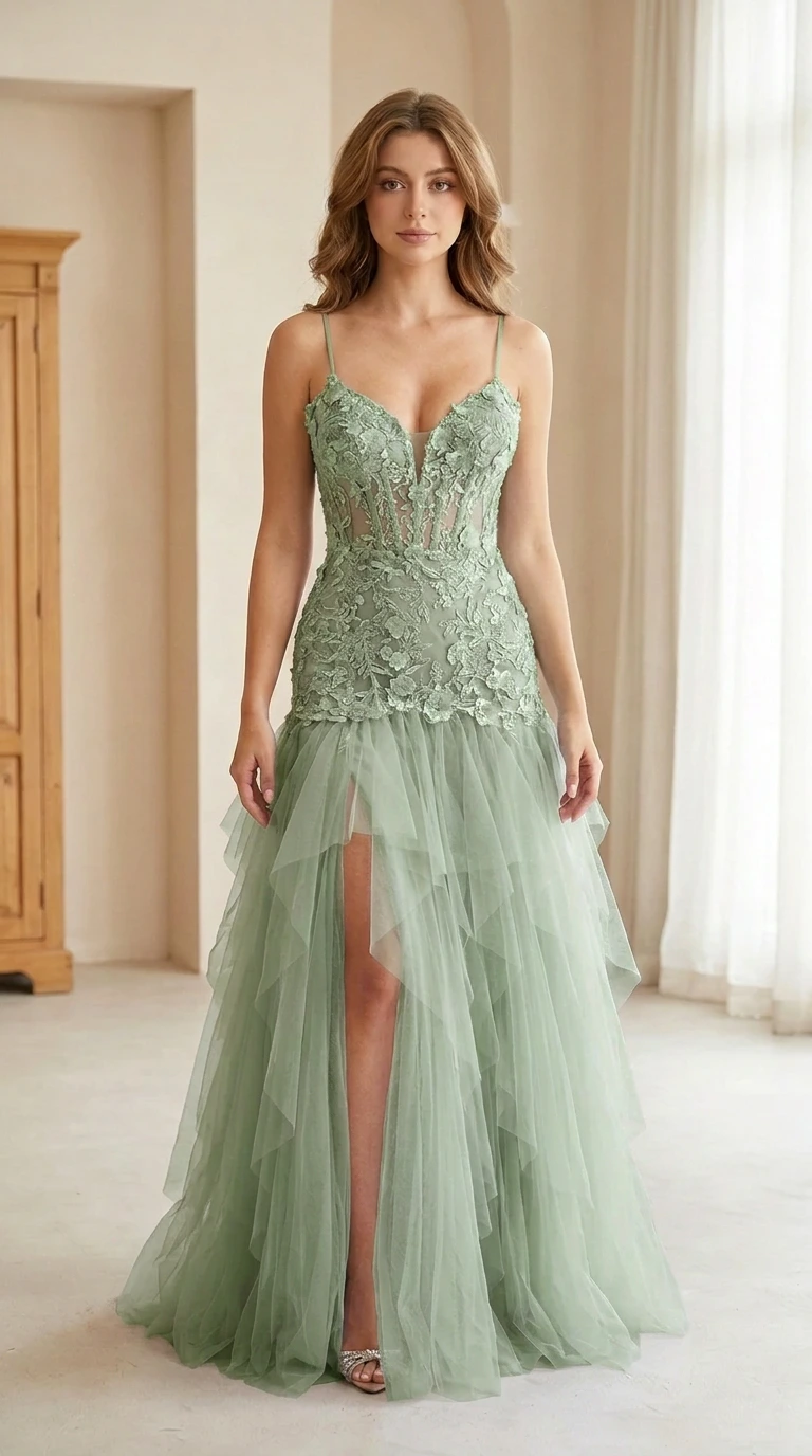 Front view of model wearing sage green embroidered tulle prom dress