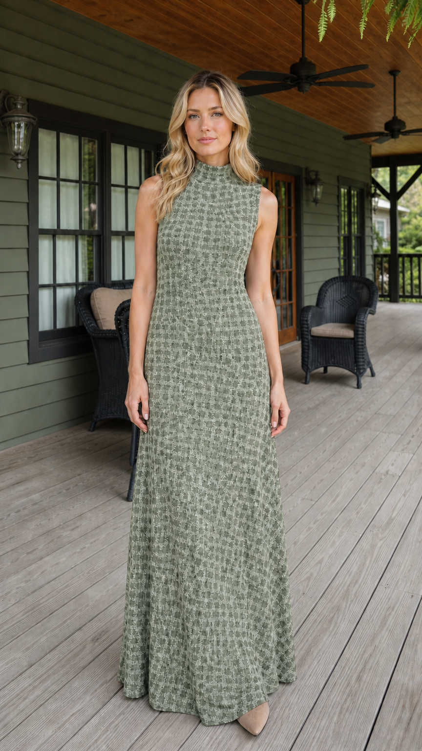 Front view of woman wearing sage green textured sleeveless maxi dress