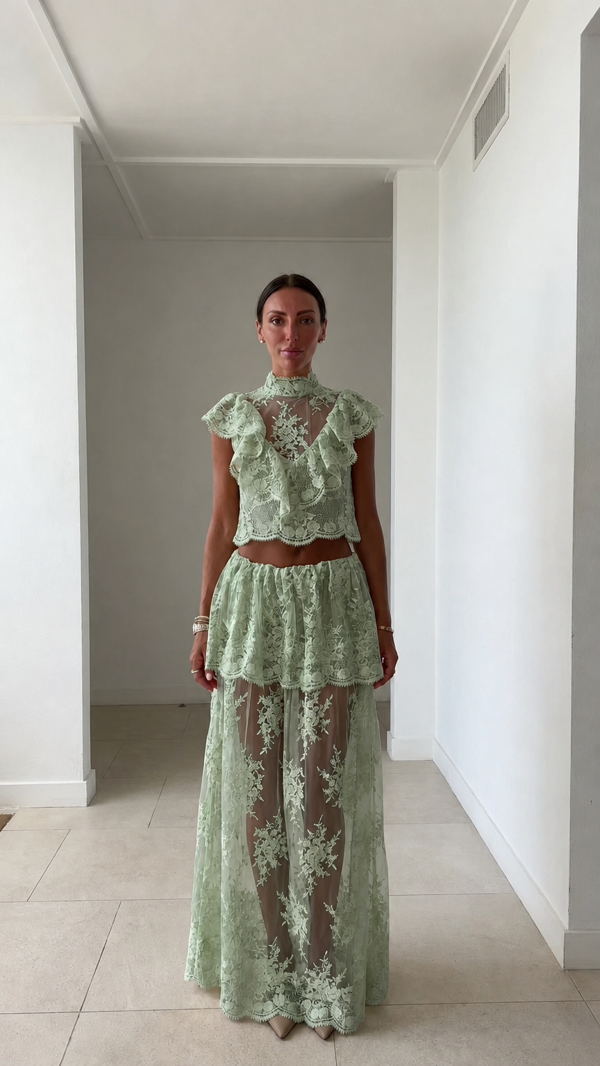 Model wearing sage green lace two-piece set