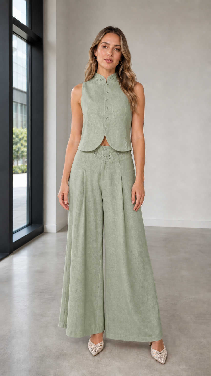 Full-body view of woman in sage green two-piece set