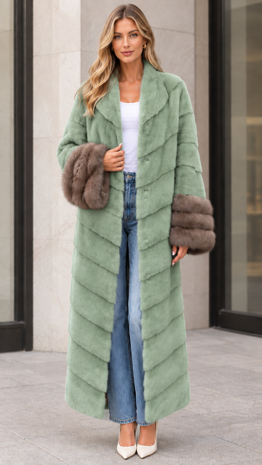Front view of sage green chevron maxi faux fur coat with brown plush cuffs