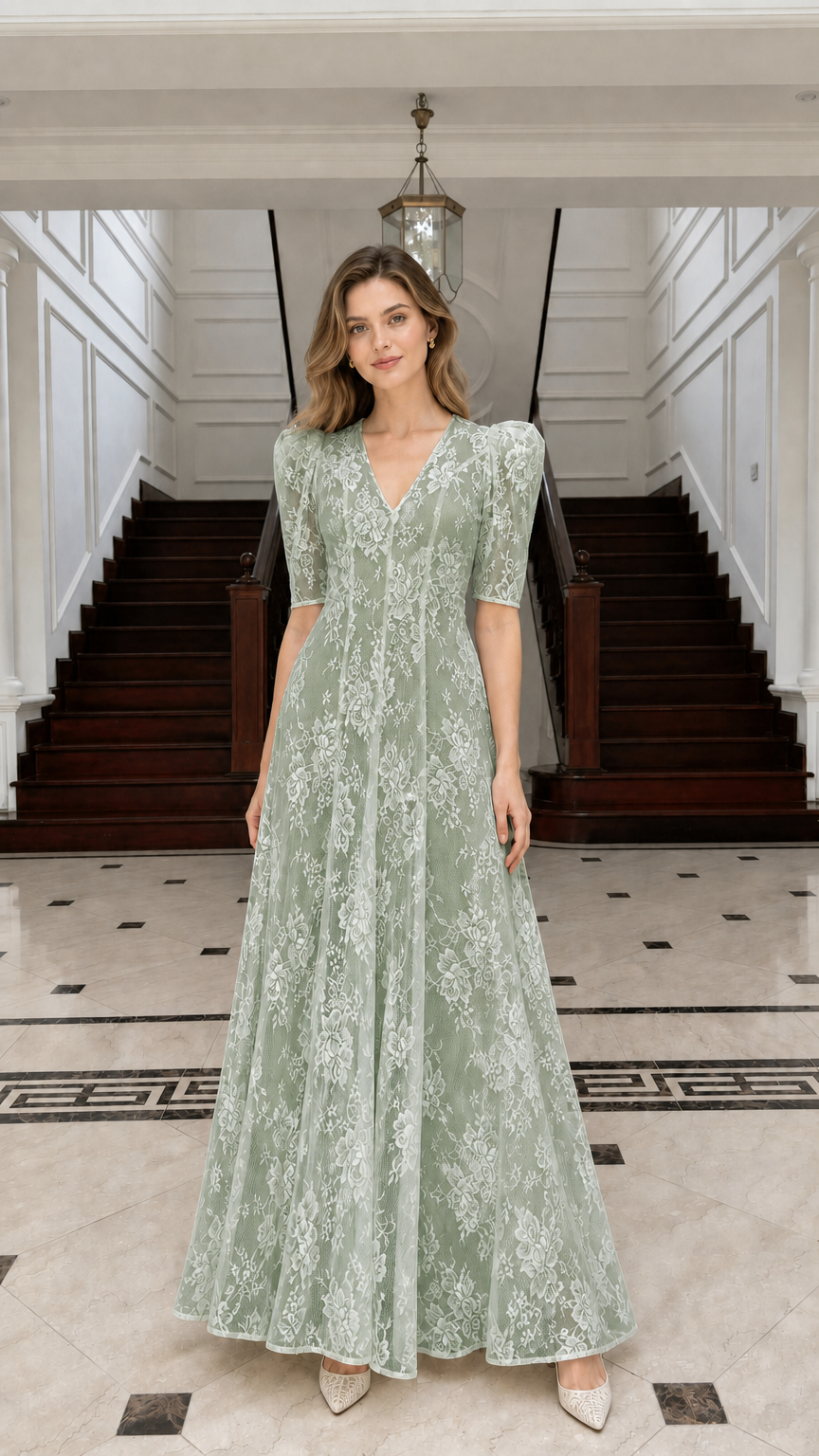 Front view of Sage Green lace maxi dress on model