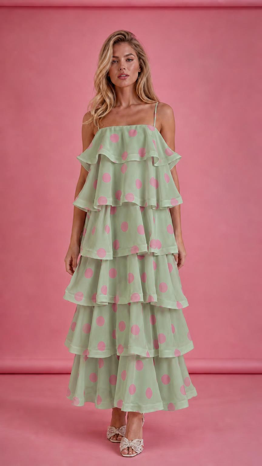 Model wearing sage green polka dot tiered ruffle midi dress