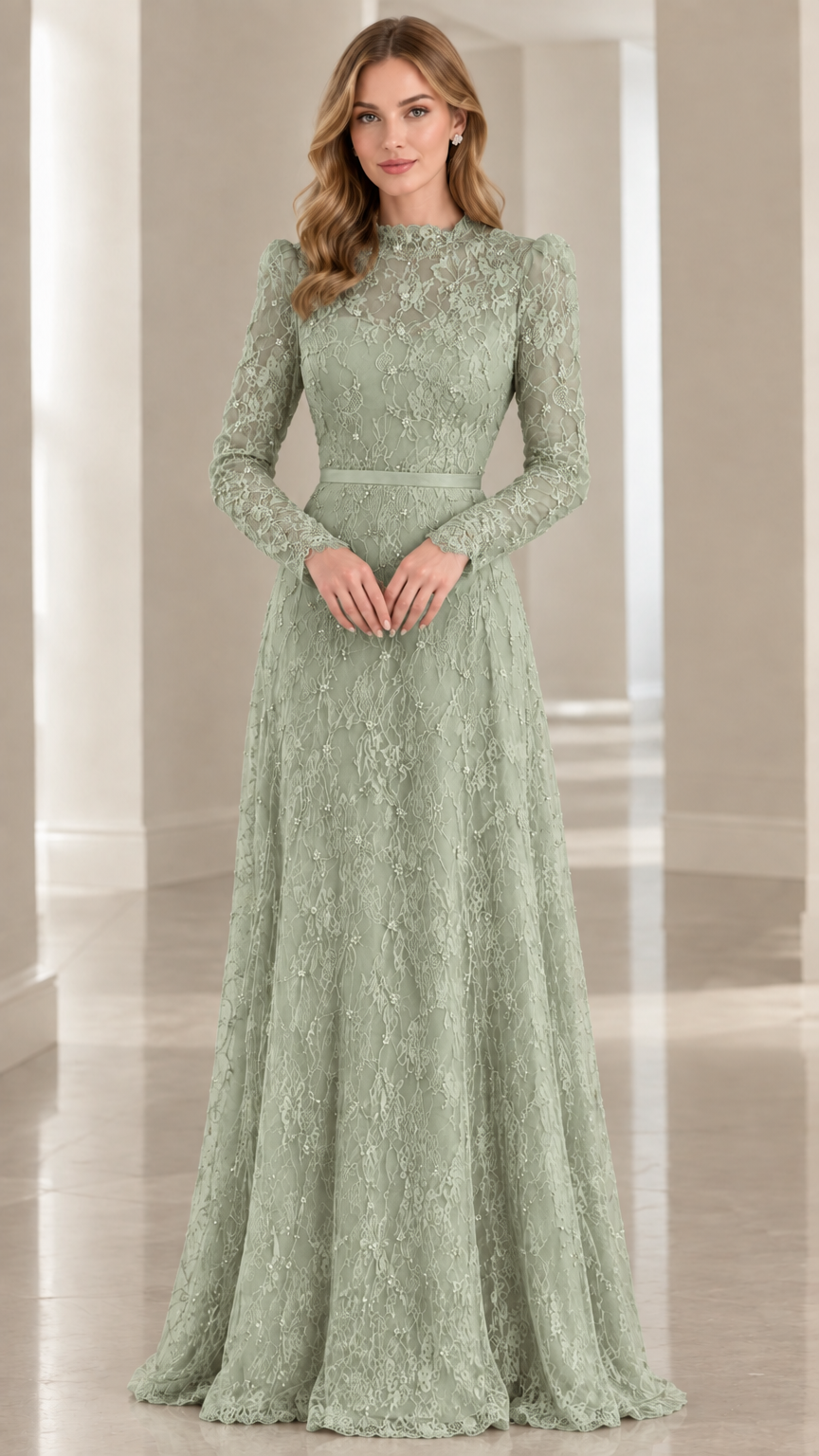 Model wearing sage green high-neck long-sleeve lace maxi dress