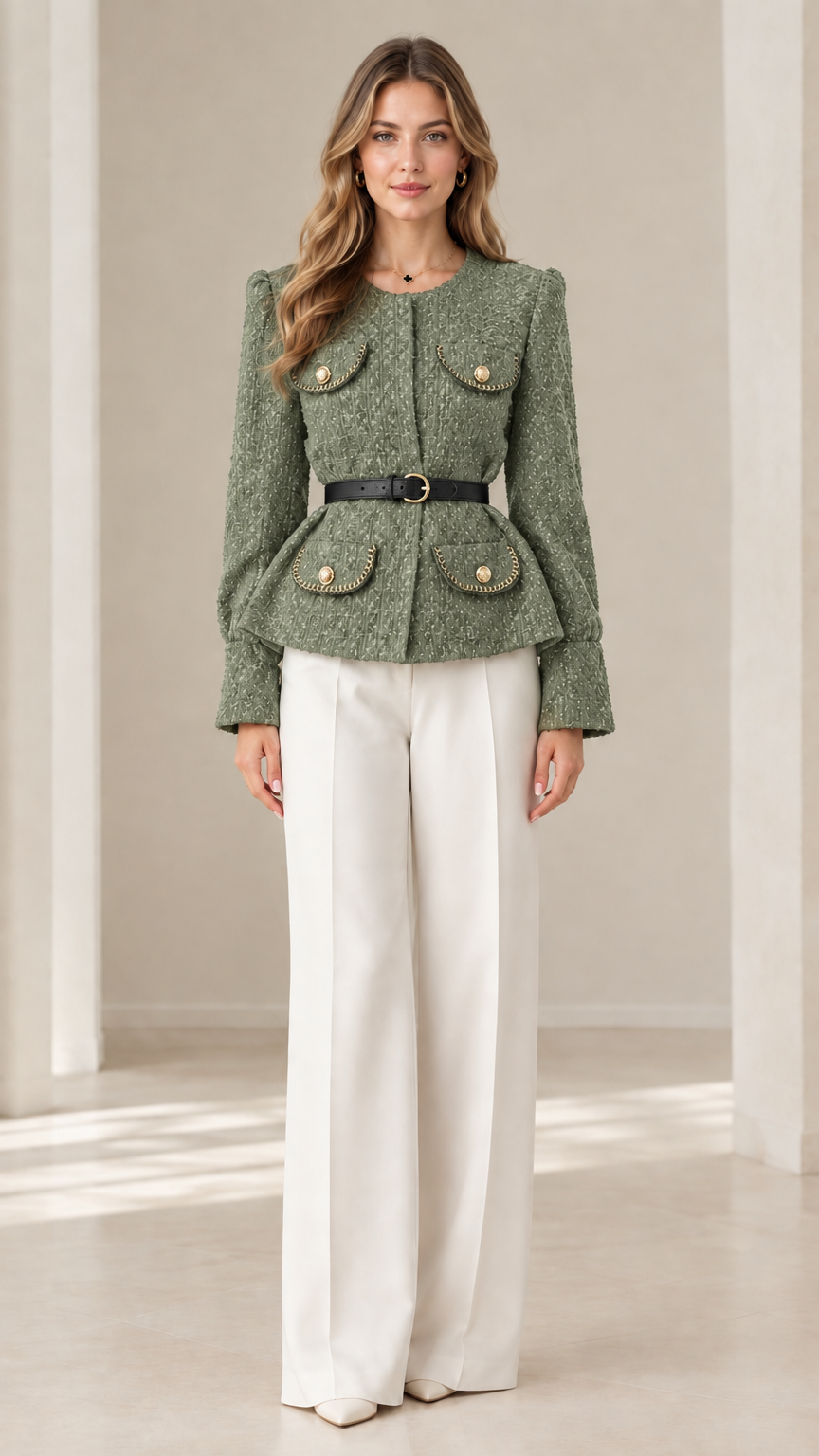 Front view of model wearing sage green textured tweed belted jacket