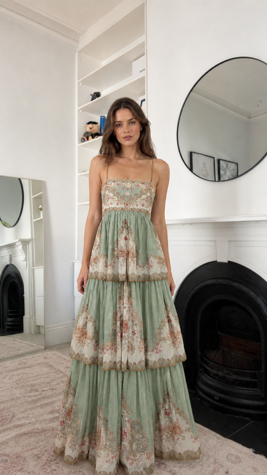 Sage green floral tiered maxi dress shown from the front