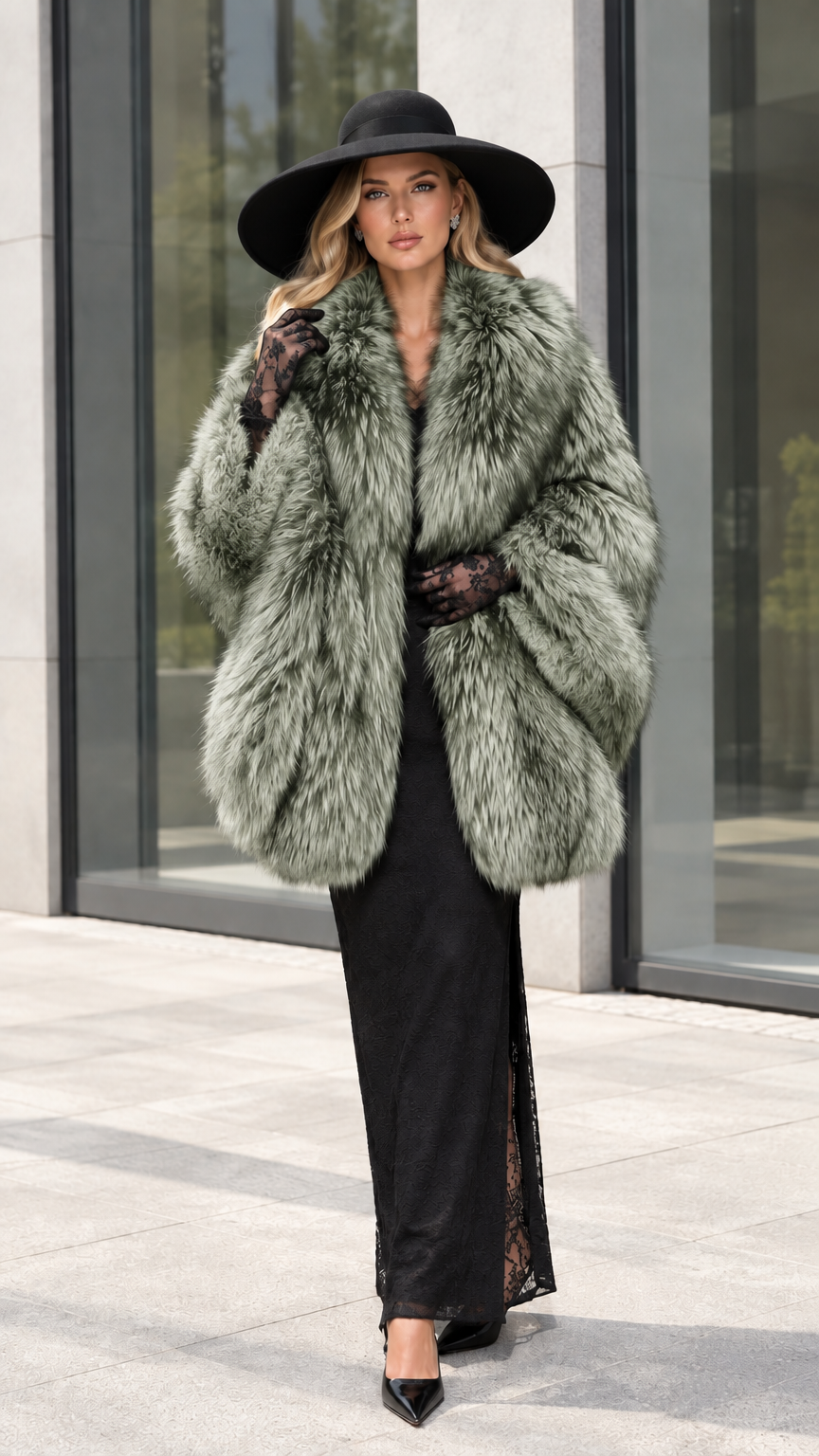 Full front view of model wearing Sage Green plush faux fur cocoon coat