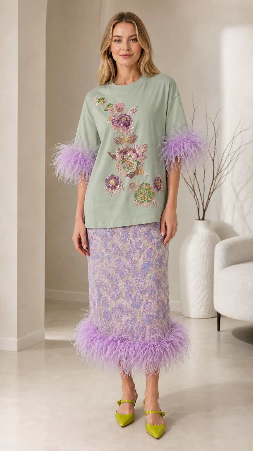 Front view of sage green color variant with feather trim