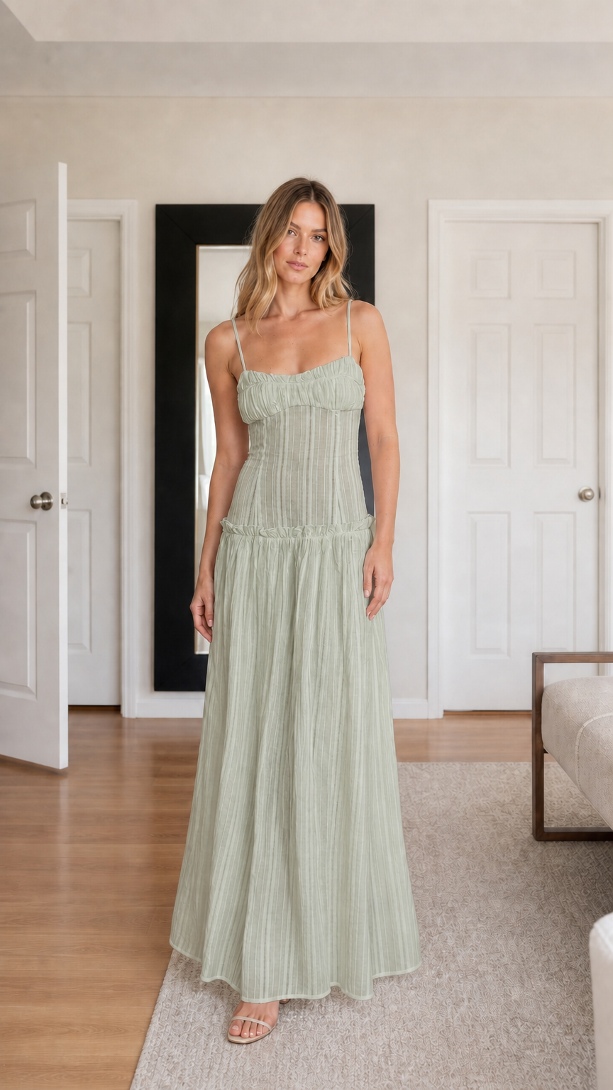 Front view of model wearing Sage pleated cami maxi dress